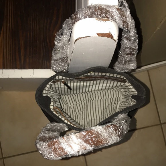 Le Papillon-St. Tropez tote-vintage dark gray white print stripe bag NWT LAST 1! - Picture 8 of 13